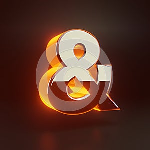 3d ampersand symbol. Glowing glossy metallic font with orange lights isolated on black background