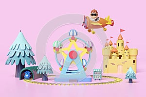 3d amusement park concept with pilot, propeller plane, railroad tracks, tunnel, ferris wheel, ice cream showcases, landscape,