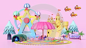 3d amusement park concept with tea cup ride, pilot, propeller plane, railroad tracks, tunnel, ferris wheel, ice cream showcases,