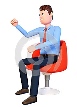 3d Angry businessman sitting in red chair