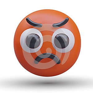 3D angry red emoticon with frowning eyebrows. Annoyed, angry character