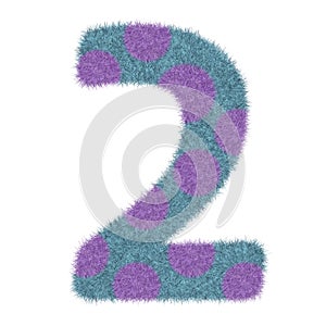 3D Animal Fur Blue color with Purple Polka dots Number 2 Two, decorative character element isolated in white background.