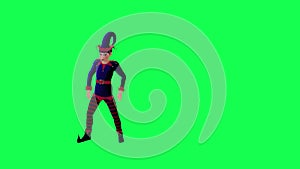 3D animated elf clown in red blue dress dancing robot hip hop from opposite angle on green screen 3D people walking background chr