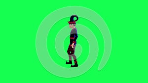 3D animated elf clown in red blue dress dancing robot hip hop from right angle on green screen 3D people walking background chroma