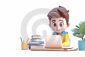 3D Animated illustrations, Boy studying from home, Online learning