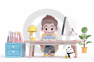 3D Animated illustrations, Boy studying from home, Online learning