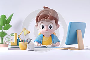 3D Animated illustrations, Boy studying from home, Online learning