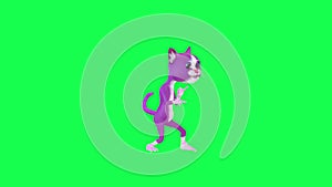 3D animated purple magic talking cat rapping from left angle on green screen 3D people walking background chroma key Visual effect