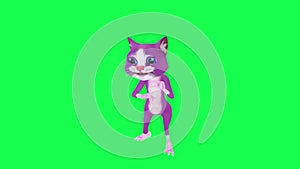 3D animated purple magic talking cat rapping from opposite angle on green screen 3D people walking background chroma key Visual ef