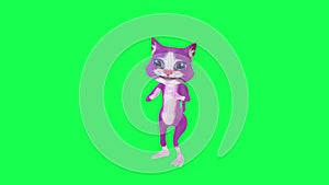 3D animated purple magical talking cat fighting and punching from front angle on green screen 3D people walking background chroma