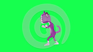 3D animated purple magical talking cat fighting and punching from right angle on green screen 3D people walking background chroma