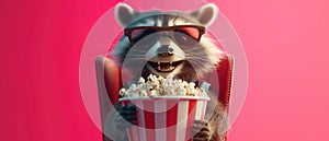 A 3D animated raccoon wearing sunglasses, seated with a popcorn bucket, against a vibrant red background, ideal for