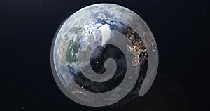 3D animation 4K of the earth globe from space. Transition from daytime to nighttime in summer. City lights in Europe and