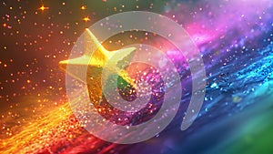 3d animation, abstract colorful star background with rainbow color neon glowing lines and reflection floor. Star rainbow