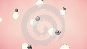 3d animation: Abstract looped background with lots of flying and rotating electric light bulbs on pink-peach. It symbolizes creati
