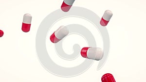 3d animation: Abstract looped background with lots of flying and rotating white â€” red medical pills on ivory background.