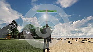 3D animation of businessman trying to make an environmental decision with blank sign, timelapse sunrise