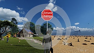 3D animation of a businessman undecided to go green due to climate change, tilt