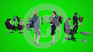 3D animation of Europeans and Africans talking standing up in a chromakey green screen university
