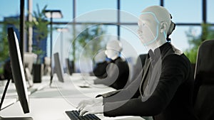 3d animation of humanoid robots working in modern office, future concept