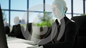 3d animation of humanoid robots working in modern office, future concept