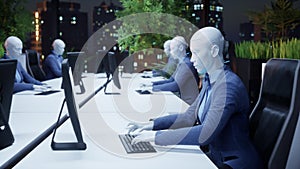 3d animation of humanoid robots working in modern office, future concept