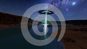 3D animation of large UFO hovering over flooded Grand Canyon against starry sky, upper view