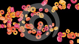 3d Animation Loop creative animal prints donuts on yellow background. Fast food concept art.