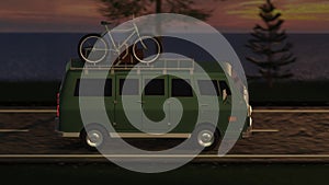 3D animation loop retro camper van driving on road near the sea, ocean at sunset