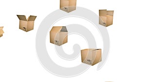 3d animation:  looped background with lots of flying open brown cardboard boxes that close on the go. Business for Express deliver