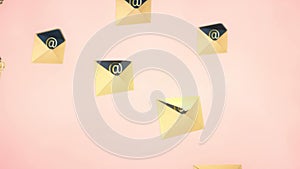 3d animation:  looped background with lots of flying and rotating mail envelopes with golden email symbol. An open cover is closin