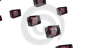 3d animation:  looped background with lots of flying and rotating  TV boxes with virus cell on the screen on white background. The