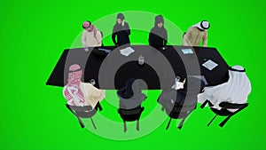 3D animation of a meeting of Arab contractors talking to each other and solving problems while sitti