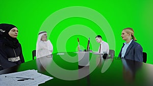 3D animation of a meeting between Arab and European mathematicians talking to each other, sitting ar