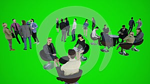 3D animation of a meeting of Europeans and Africans talking, sitting around a standing table on the