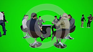 3D animation of a meeting of Europeans and Africans talking while sitting around the table in the ho