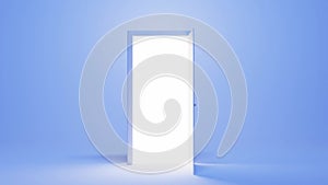 3d animation opening door with white light inside, isolated on blue background, front view. Modern minimal concept