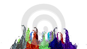 3d animation of paint splashes on a musical speaker that play music. 3d splashes of liquid. Paint bounce in 4k on white