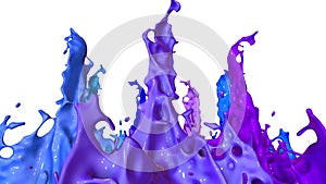 3d animation of paint splashes on a musical speaker that play music. 3d splashes of liquid. Paint bounce in 4k on white