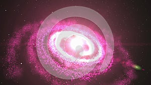 3D animation of pink galaxy and nebula with shining star light and stardust rotating and spinning in unlimited space universe in 4