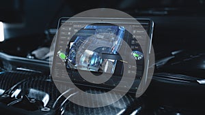 3D animation of program for car diagnostic displayed on digital tablet screen