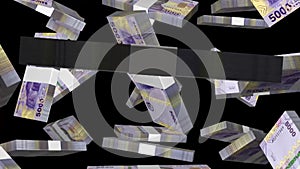 3D animation of stacks of Angolan Kwanza notes falling in front of green screen