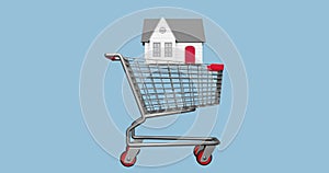 3d animation a stylized house, apartment, townhouse falls into a shopping cart.