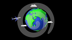 3D animation travel over the world with alpha channel. Planet earth concept travel by plane abstract animation.