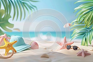 3D animation of Tropical beach with accessories, summer holiday background