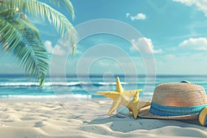 3D animation of Tropical beach with accessories, summer holiday background