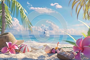 3D animation of Tropical beach with accessories, summer holiday background