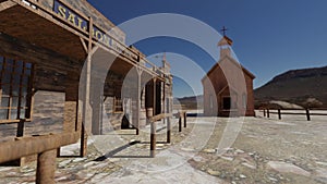 3D animation of a western ghost town on a sunny day, including several old west artifacts and church