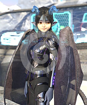 3D anime rendered portrait of fictional dragon girl wearing scifi armor