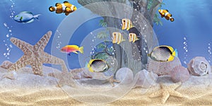 3D Aquarium landscape with various tropical fishes in underwater High quality illustration.